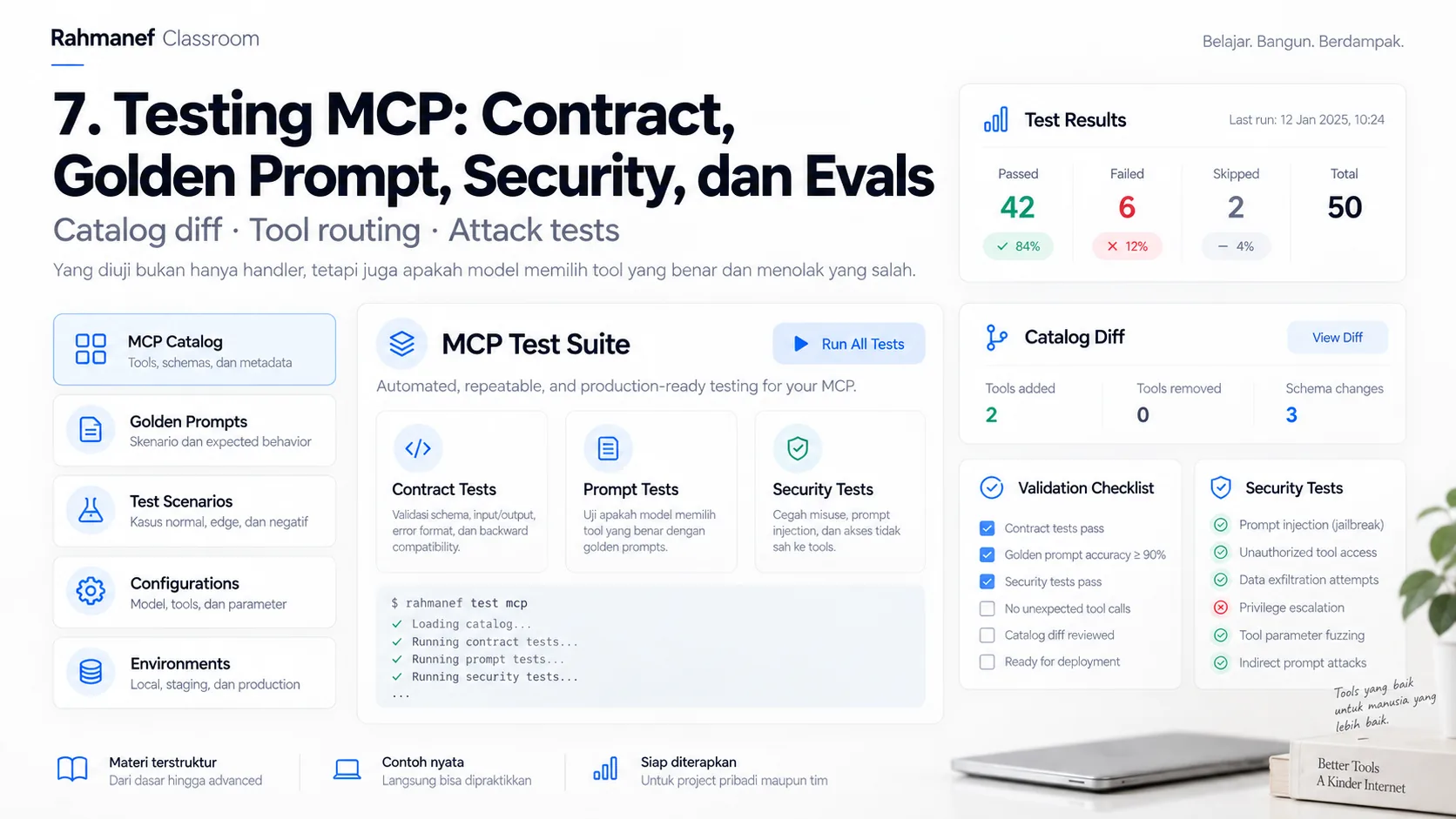 Testing MCP: Contract, Golden Prompt, Security, dan Evals