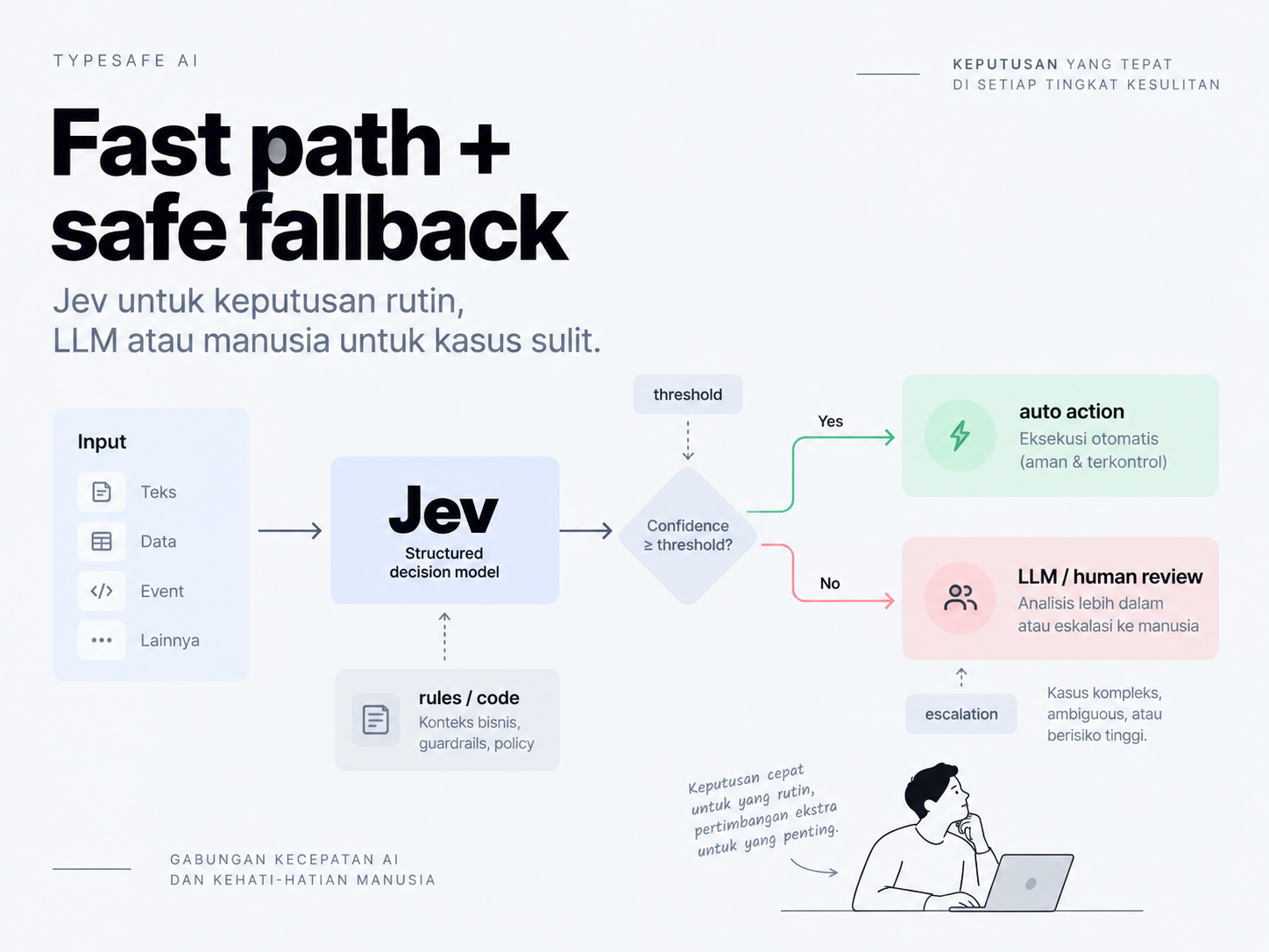 Arsitektur hybrid Jev dengan confidence threshold, deterministic code, serta fallback ke LLM atau manusia.