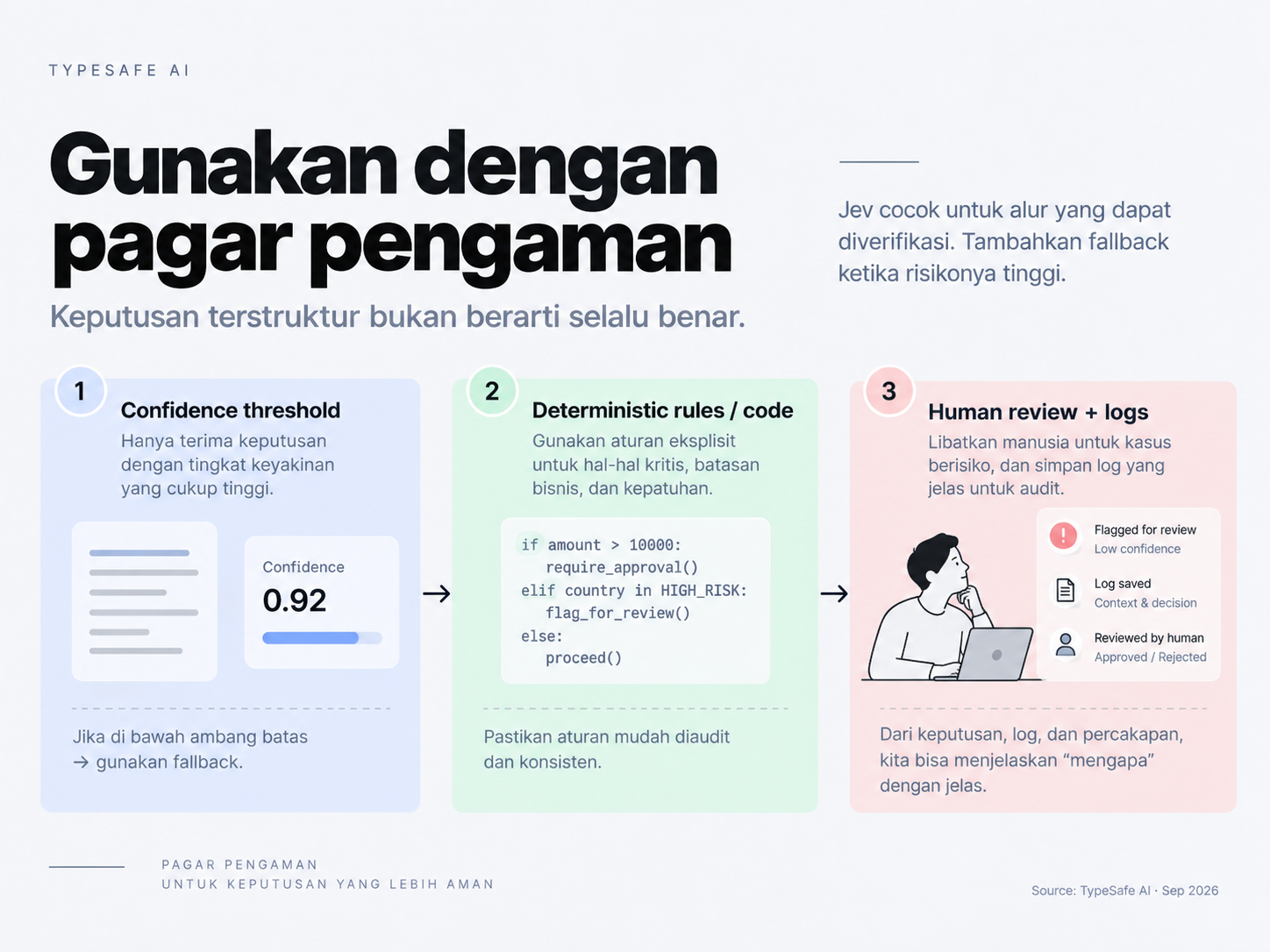 Guardrail penggunaan Jev: confidence threshold, aturan deterministik, logging, dan human review.